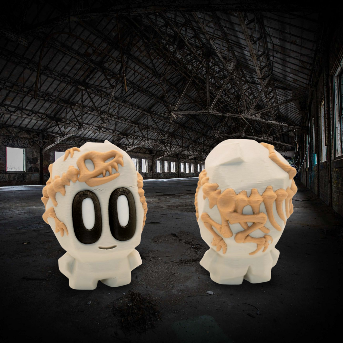 Two cartoonish ghost figures with orange hair and black eyes in a dark, industrial setting.