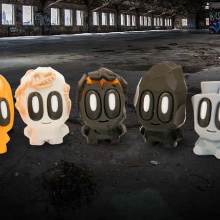 Five cartoon-like character figures in a dark, abandoned warehouse setting.