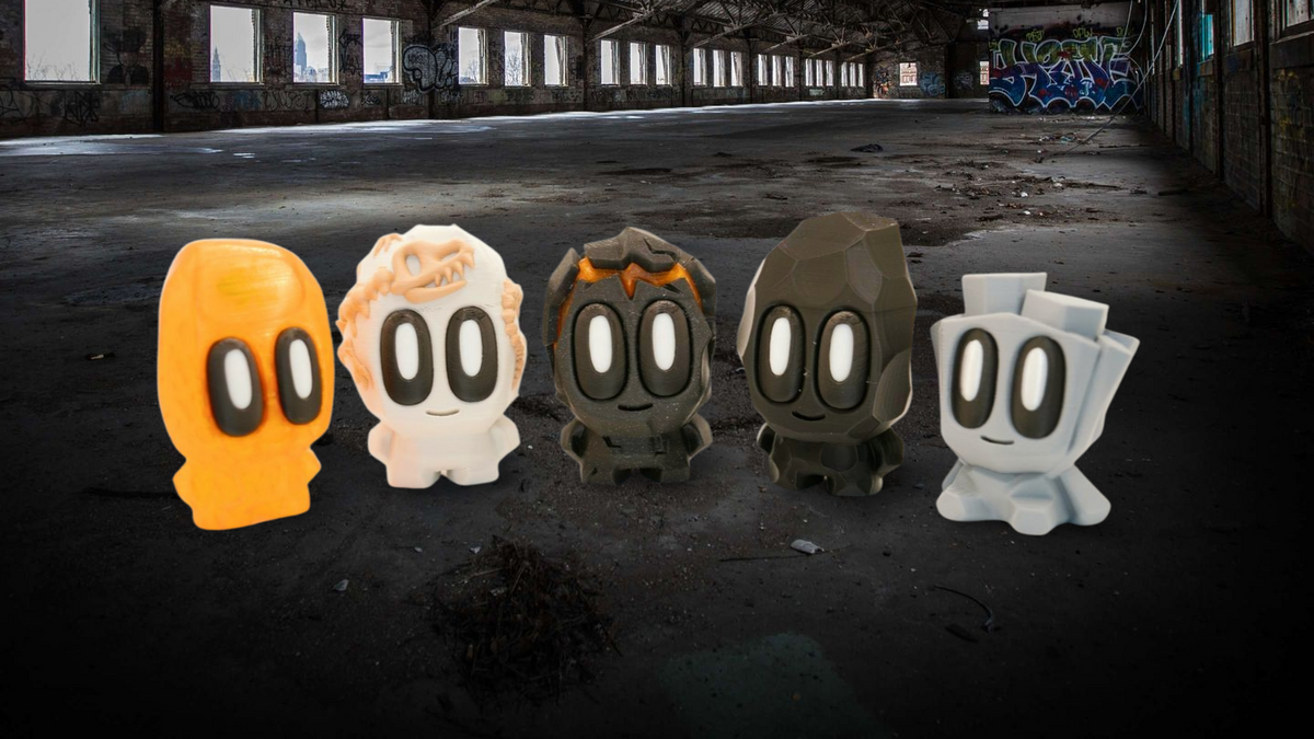 Five cartoon-like character figures in a dark, abandoned warehouse setting.