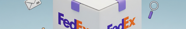 FedEx box with various FedEx-related icons on a light blue background