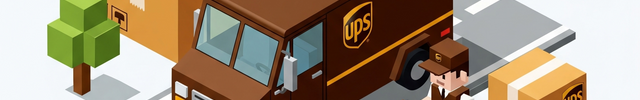 Illustration of a UPS delivery truck and driver with packages on a city street.