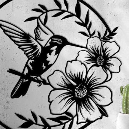 Decorative wall art with a hummingbird and flowers on a concrete wall.