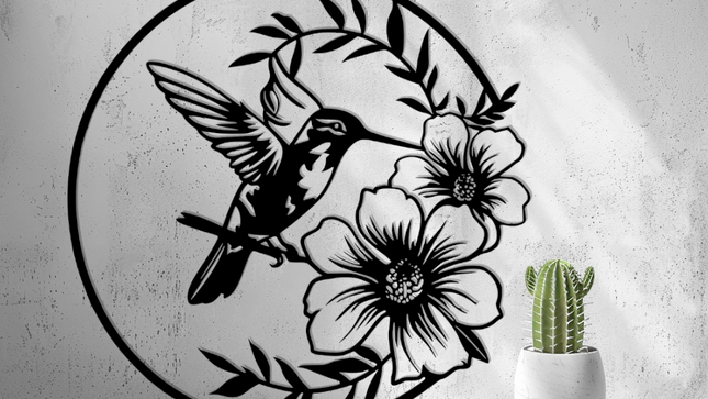 Decorative wall art with a hummingbird and flowers on a concrete wall.